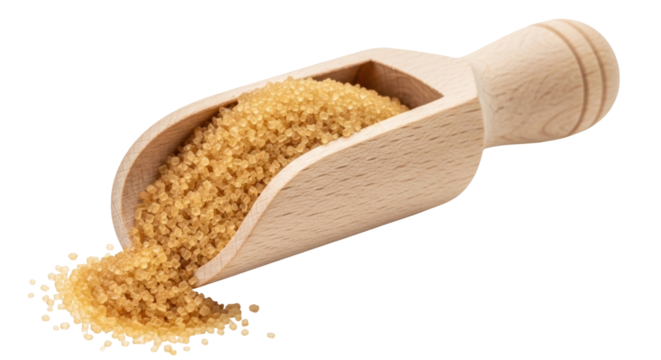 Isolated scoop of brown sugar spilling out, light-colored wood handle, granulated and raw