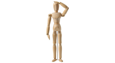 Isolated Wood Art Figure with Hand Up Posing a Question or Showing Uncertainty Stance