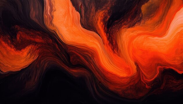 fiery abstract fluid painting with swirling orange red and black textures creating dynamic molten flow and dramatic energy ideal for modern wallpaper or bold commercial background
