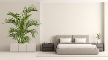 Fototapeta premium A corner of a modern minimalist bedroom featuring a bed and nightstand, bathed in soft natural ambient light.