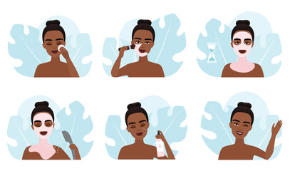 Skin care set vector illustration. Cartoon dark skin girl use cotton pads for cleaning, apply cosmetic clay mask with brush, wash with water, natural skincare beauty products spa treatment for woman