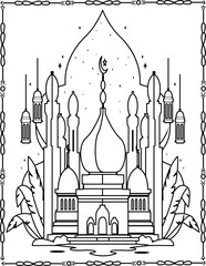Black and white Mosque page for coloring. A fantastic Arab castle from a fairy tale. Worksheet for children and adults.