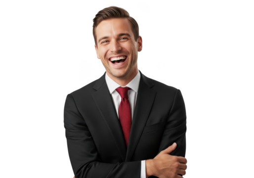 Laughing businessman portrait in suit and red tie, happy young professional man smiling headshot, png image with transparent background, isolated on transparent background