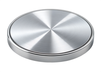 Circular brushed aluminum knob with a polished metallic rim isolated on transparent background