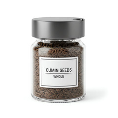 A glass jar of cumin seeds on white background