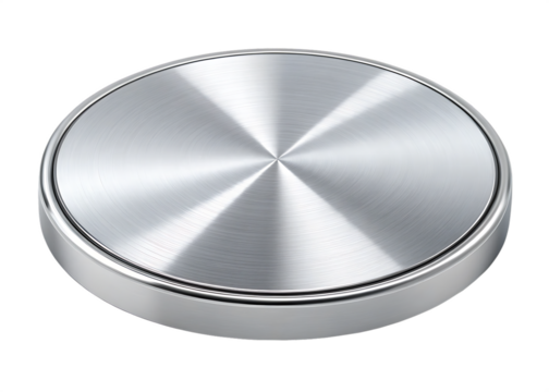 Circular brushed aluminum knob with a polished metallic rim isolated on transparent background