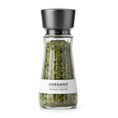 A glass jar of oregano on white background
