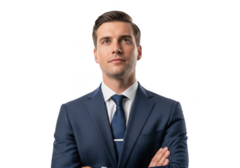 Professional businessman in suit with arms crossed portrait png image for design and marketing materials, isolated on transparent background