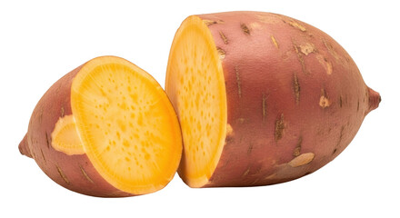 Isolated cut sweet potato showing orange flesh, healthy ingredient for sweet and savory dishes