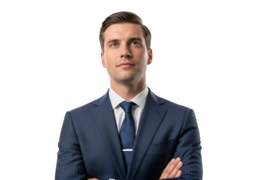Professional businessman in suit with arms crossed portrait png image for design and marketing materials, isolated on transparent background