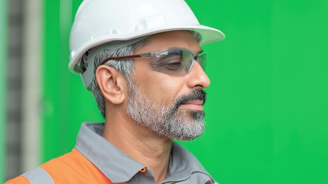 Construction Worker: A seasoned construction worker, clad in a hard hat and safety glasses, gazes thoughtfully. His weathered face speaks of experience and dedication to the field.
