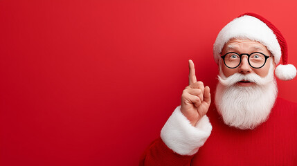 Santa Claus in glasses and a red outfit, raising one finger as sharing a special idea or message against a red background with space for text.