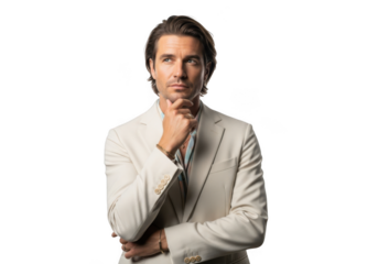Thoughtful businessman in white suit posing with hand on chin, looking upward stock photo for commercial use and design projects isolated on transparent background
