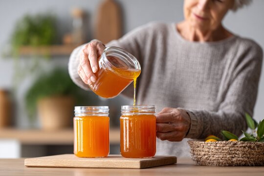 Mature woman pouring sea buckthorn jelly into jars Generative AI