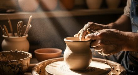 Pottery wheel with hands shaping clay vessel