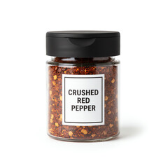 A glass jar of crushed red pepper on white background