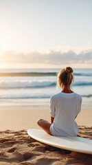 Fototapeta premium Rear view on a woman sits on the beach with a surfboard, enjoying the peaceful sunrise over the ocean.