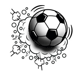 Obraz premium Football soccer ball in comic halftone style. Black and white vector template on transparent background