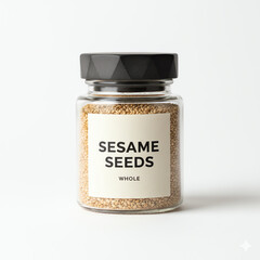 A glass jar of sesame seeds on white background