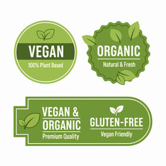 Set of vintage eco and organic labels featuring green leaf icons and bio natural product stamps for fresh food packaging design in a vector sticker and sign illustration