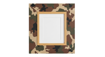 Isolated empty camo photo frame with light wood inner border, square design, nobody