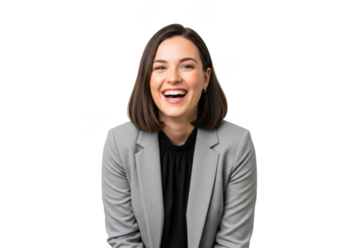 Professional smiling woman in blazer portrait, business casual outfit, happy expression, isolated on transparent background