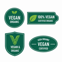 Vector illustration of a vintage green eco label set featuring organic bio stickers and natural food stamp icons with leaf design elements for ecology signs and fresh nature badge symbols