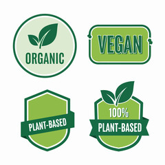 A clean green vector illustration showing a set of eco and organic labels with leaf symbols designed as natural product badges and stickers