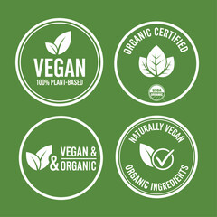 A green set of organic food eco labels and icons with leaves and natural symbols