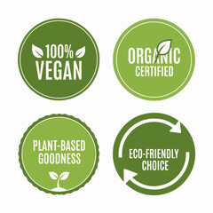 Set of green eco icons and organic bio labels featuring natural leaf symbols and recycle signs in a vector design for environment-friendly product stickers and stamps