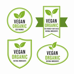 Set of green eco and organic labels featuring natural bio icons and recycle symbols in a vector sticker design for fresh food products