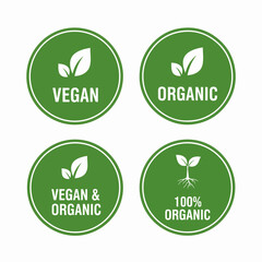 Set of green eco labels and organic bio icons featuring natural leaf designs and recycle symbols for environment-friendly vector stickers and plant-based food stamps