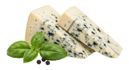 Isolated wedges of blue cheese arranged near basil leaves and black peppercorns food still life