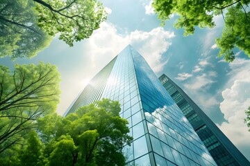 Obraz premium Modern Glass Skyscraper Surrounded by Green Trees building