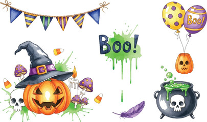 Watercolor halloween elements featuring pumpkin witch hat skull and spooky cauldron