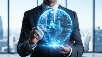 Businessman with Glowing AI Sphere - A businessman in a suit holds a glowing AI data stream hologram sphere. The video illustrates artificial intelligence, technology, and digital innovation. - Powered by Adobe