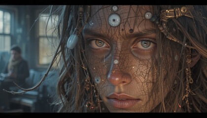 Mysterious Woman Covered in Veins and Clockwork Emblems Close-up Portrait