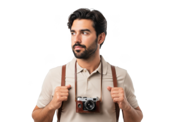 Handsome tourist photographer man with vintage camera looking away stock photo, male traveler isolated on transparent background