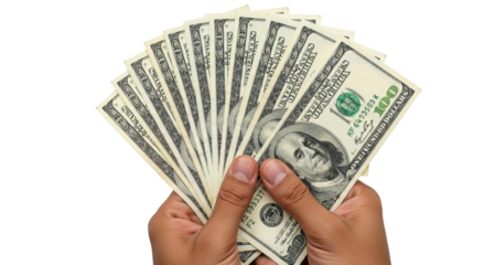 Isolated close-up of a fan of United States one hundred dollar bills held in two human hands