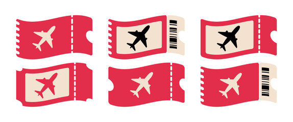 Red Airplane Tickets Icons Collection in Flat Style for Flight Boarding Pass, Airline Travel, and Tourism Graphic Elements