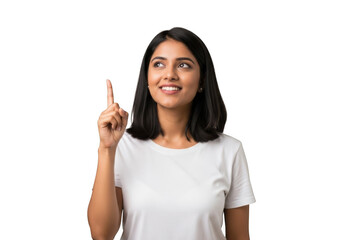 Stock photo of a beautiful young indian woman smiling and pointing upwards with an idea, isolated on transparent background