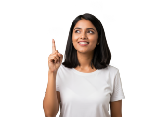 Stock photo of a beautiful young indian woman smiling and pointing upwards with an idea, isolated on transparent background