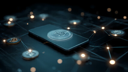 Blue fiber optics and circuit board background with glowing light spots representing digital music and data technology