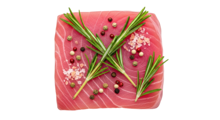 Isolated raw tuna steak with rosemary, pepper, salt for gourmet seafood preparation