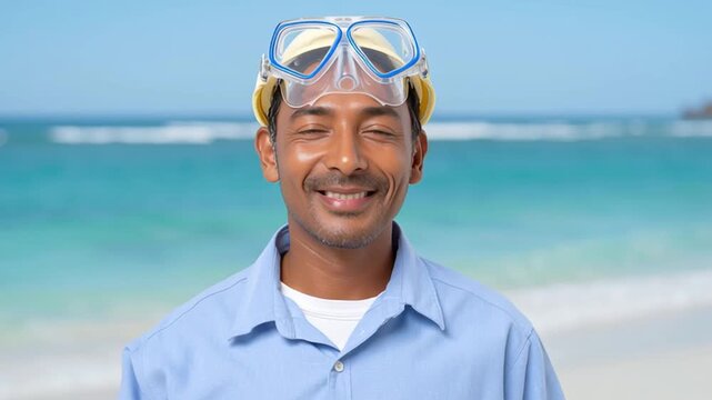 Smiling Man with Goggles by the Sea: a man's face is beaming, complemented by a diving mask, the vast sea serving as the backdrop. This portrait exudes a sense of calm, joy.