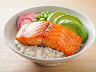 Fresh salmon rice bowl with avocado slices and pickled radish