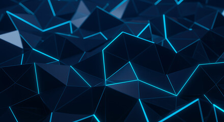 Dark blue low poly geometric background with neon blue lines