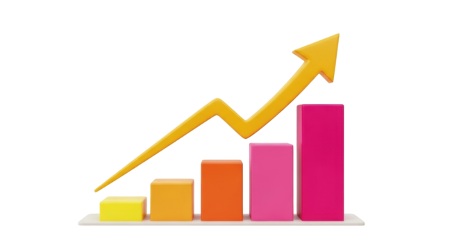 Isolated growth chart with colored bars and yellow arrow pointing upwards, financial market trend - Powered by Adobe
