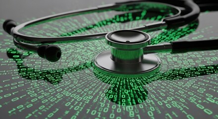 Stethoscope resting on a reflective surface with glowing green binary code emanating from its diaphragm symbolizing digital health and medical data