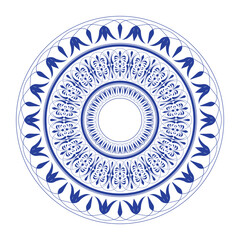 An elegant vector illustration of circular ornament reminiscent of faience or traditional blue and white porcelain. Symmetrical floral motifs in rich blue hue on white background. For decorative plate